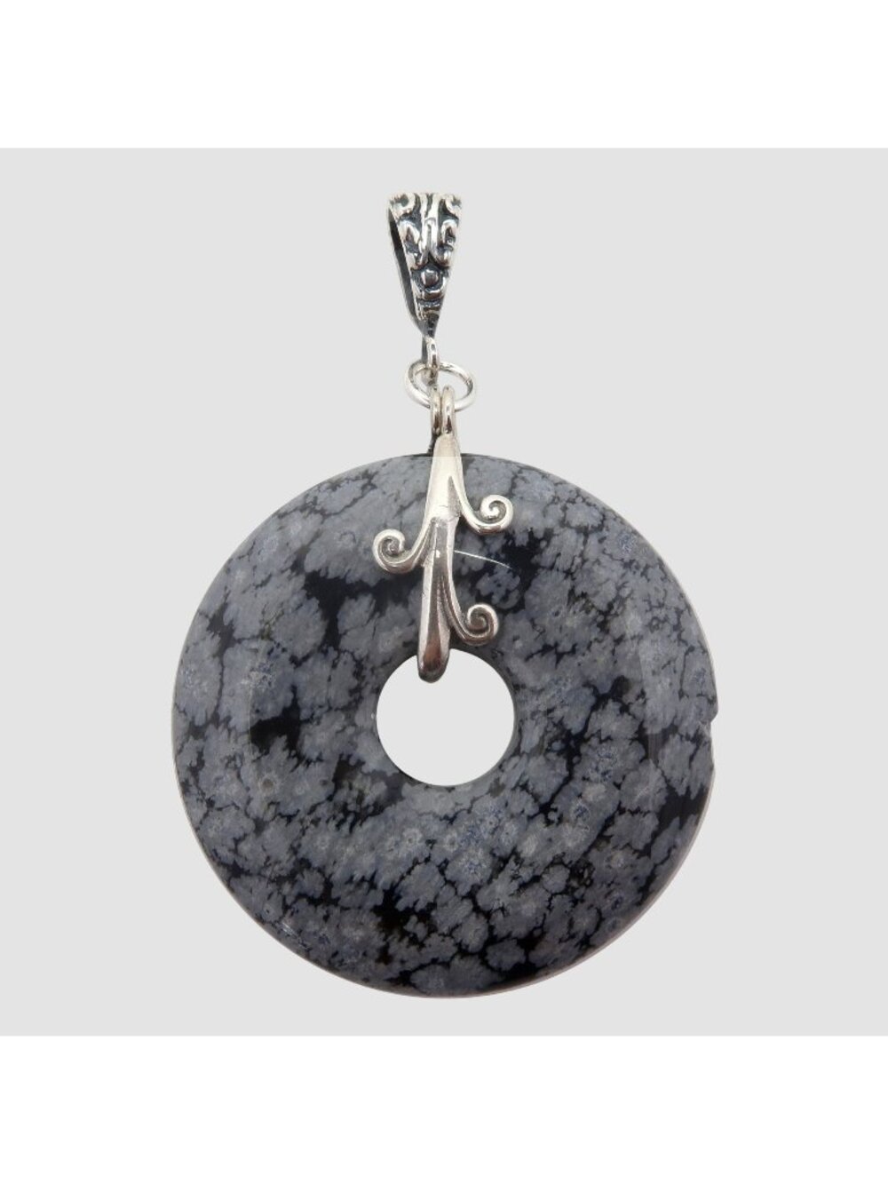 Snowflake Obsidian Pendant Donut Black Gray Stone Sterling Silver Charm